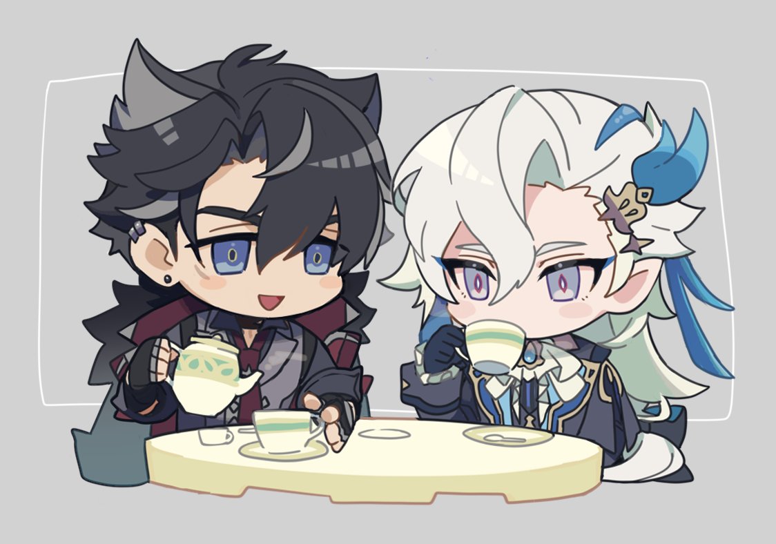 2boys :d ascot asymmetrical_bangs black_bow black_coat black_gloves black_hair black_shirt blue_coat blue_eyeliner blue_eyes blue_hair blush blush_stickers bow brooch chibi coat coat_on_shoulders collared_shirt commentary_request cup drinking ear_piercing earrings eyeliner fingerless_gloves frilled_sleeves frills fur-trimmed_coat fur_trim genshin_impact gloves grey_background grey_hair grey_vest hair_between_eyes hair_bow hair_ornament hand_up holding holding_cup holding_teapot jewelry lapels long_hair long_sleeves looking_at_another low-tied_long_hair makeup male_focus multicolored_hair multiple_boys necktie neuvillette_(genshin_impact) open_mouth parted_bangs piercing plate pointy_ears red_necktie round_table saucer scar scar_on_cheek scar_on_face shirt short_hair short_sleeves simple_background sitting sleeve_cuffs smile spoon steam streaked_hair stud_earrings sumomoi_(dvcat) table teacup teapot two-sided_coat two-sided_fabric vest violet_eyes white_ascot white_hair wriothesley_(genshin_impact)