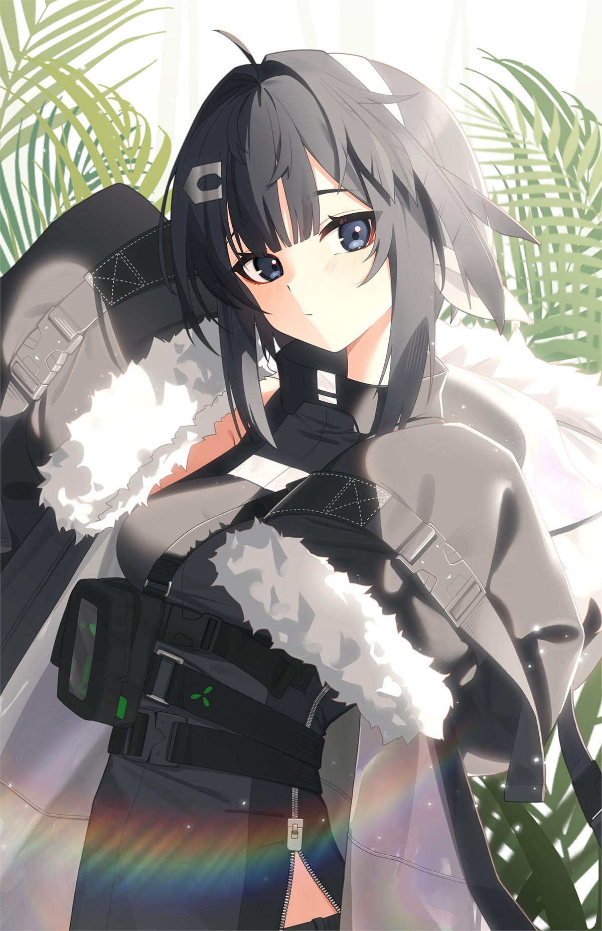 1girl arknights belt black_belt black_eyes black_hair black_jacket black_shirt blush bow bow_hairband breasts closed_mouth collared_shirt cowboy_shot day dot_nose expressionless eyeliner fern fur-trimmed_jacket fur_trim hair_ornament hairband hairclip head_tilt highres jacket kasasasagi la_pluma_(arknights) lens_flare long_bangs long_sleeves looking_at_viewer makeup medium_breasts open_clothes open_jacket outdoors plant red_eyeliner shirt short_hair_with_long_locks side_slit sidelocks sleeveless sleeveless_shirt sleeves_past_fingers sleeves_past_wrists solo white_bow