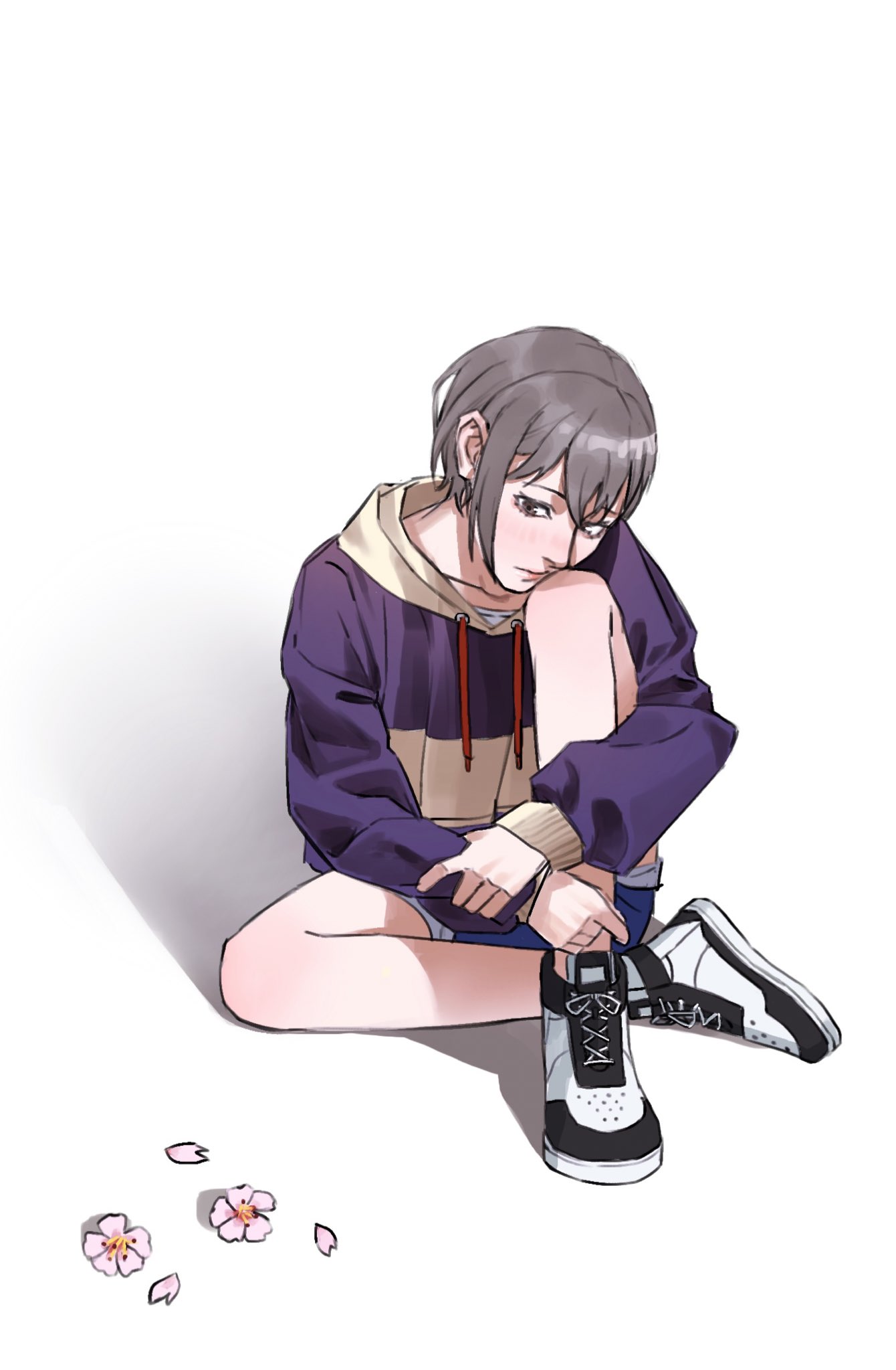 1girl bang_dream! bang_dream!_it's_mygo!!!!! blue_hoodie blue_shorts brown_eyes cherry_blossoms commentary flower grabbing_own_arm grey_hair hashtag-only_commentary highres hood hoodie knee_up long_sleeves nohee07 pink_flower shadow shoes short_hair shorts simple_background sitting solo takamatsu_tomori white_background white_footwear