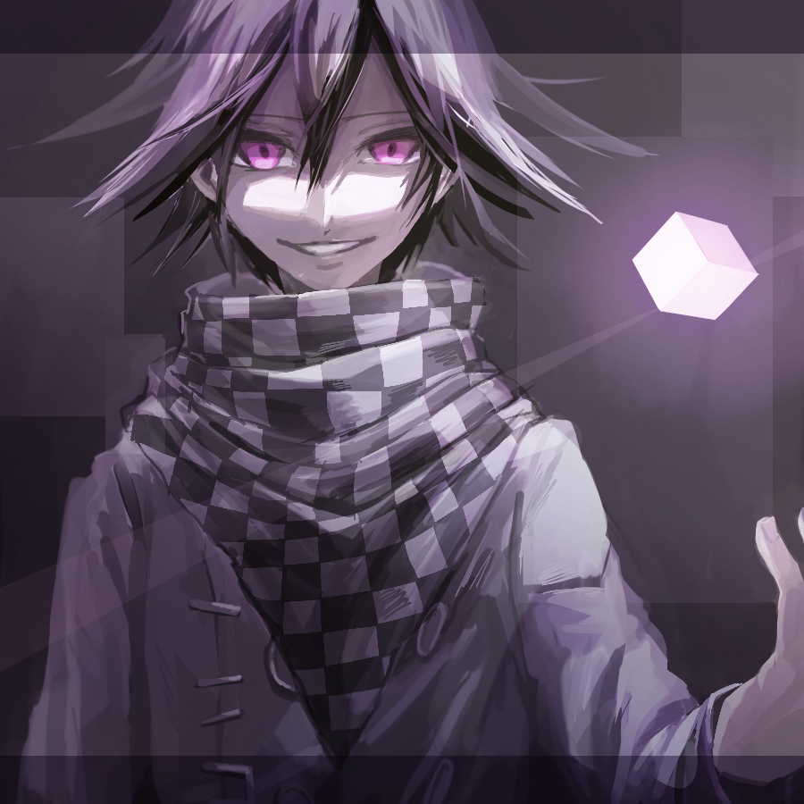 1boy black_scarf buttons checkered_clothes checkered_scarf commentary_request cube danganronpa_(series) danganronpa_v3:_killing_harmony double-breasted fingernails glowing grin hair_between_eyes jacket letterboxed long_sleeves looking_at_viewer male_focus nagichiro oma_kokichi outstretched_hand pink_eyes purple_background purple_theme scarf short_hair simple_background smile solo straight-on two-tone_scarf upper_body violet_eyes white_jacket white_scarf white_sleeves