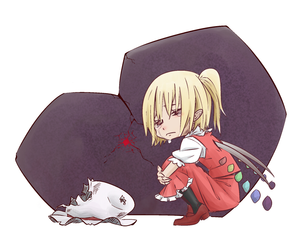 1girl black_socks blonde_hair closed_eyes closed_mouth commentary crying english_commentary flandre_scarlet frilled_skirt frills from_side full_body geso_(son-son-son912) hat hugging_own_legs medium_hair multicolored_wings one_side_up pointy_ears puffy_short_sleeves puffy_sleeves red_skirt red_vest shirt shoes short_sleeves skirt socks solo torn_clothes torn_hat touhou unworn_hat unworn_headwear vest white_shirt wings