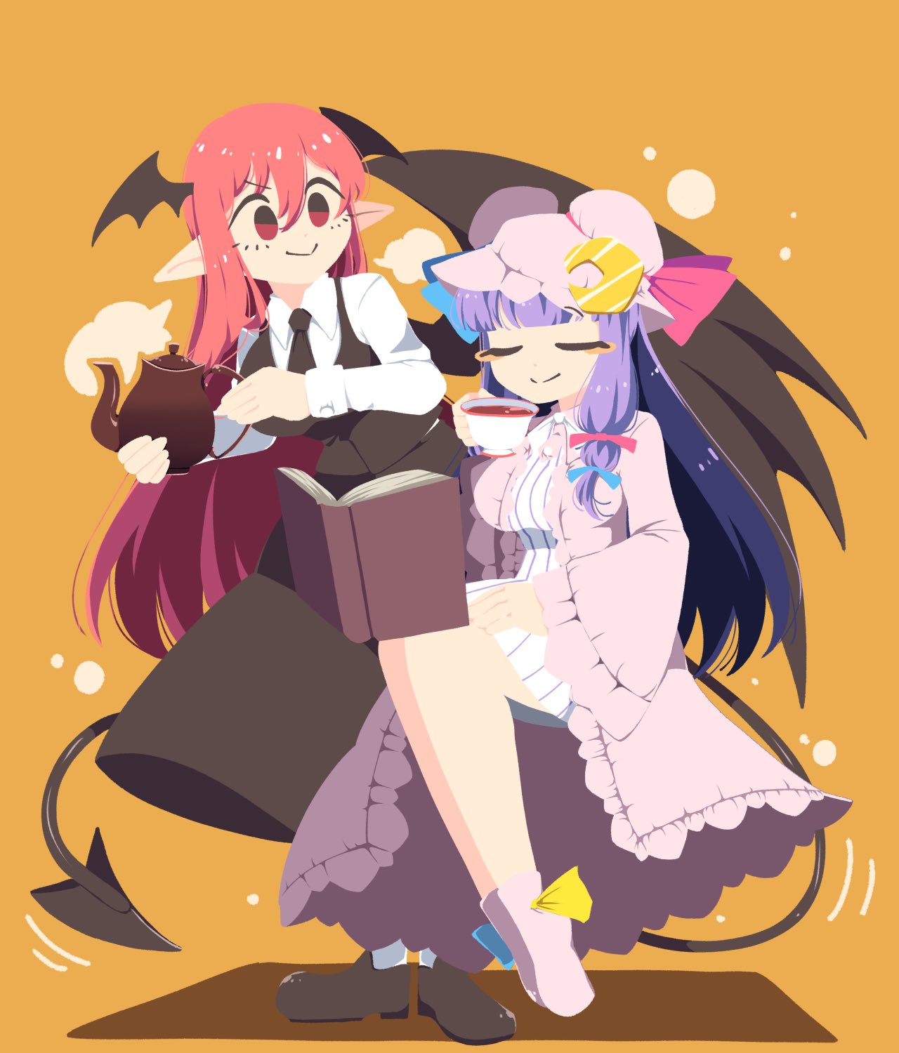 2girls bat_wings black_footwear black_skirt black_vest black_wings blunt_bangs breasts buttons closed_eyes closed_mouth coat collared_shirt commentary_request crescent crescent_hat_ornament cup demon_girl demon_tail demon_wings dress floating full_body hair_between_eyes hat hat_ornament head_wings highres holding holding_cup holding_teapot koakuma large_breasts long_hair long_sleeves looking_at_another medium_bangs mob_cap multiple_girls no_lineart orange_background patchouli_knowledge pink_coat pink_hat pointy_ears red_eyes redhead shinsei_tomato shirt shoes sidelocks simple_background skirt skirt_set smile tail tea teacup teapot touhou vest white_dress white_shirt wings