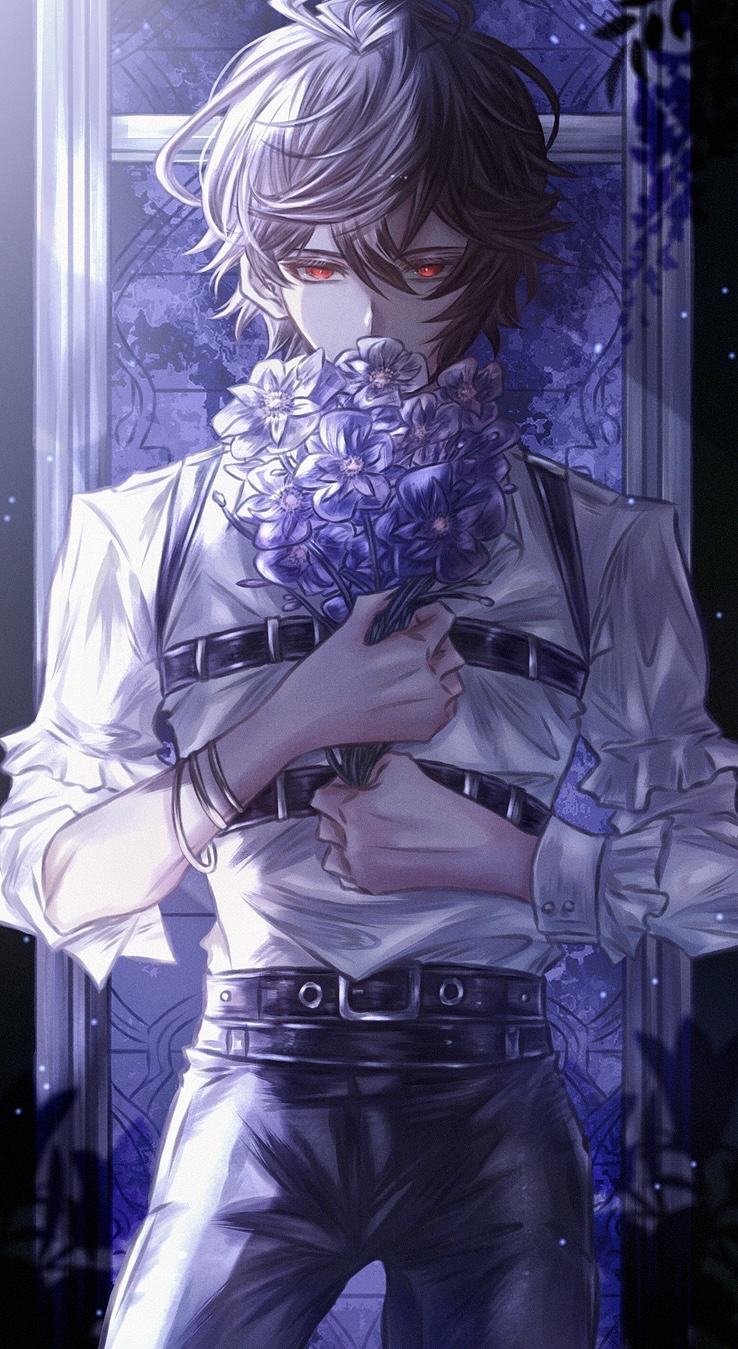 1boy ahoge alternate_costume belt bishounen bouquet bracelet brown_hair commentary commentary_request covering_own_mouth cowboy_shot expressionless facing_viewer flower frilled_shirt frilled_sleeves frills granblue_fantasy hair_between_eyes harness highres holding holding_bouquet jewelry leather leather_belt leather_pants looking_at_viewer male_focus muramitsu_(d3jgv) pants purple_flower red_eyes sandalphon_(granblue_fantasy) shirt short_hair window wisteria
