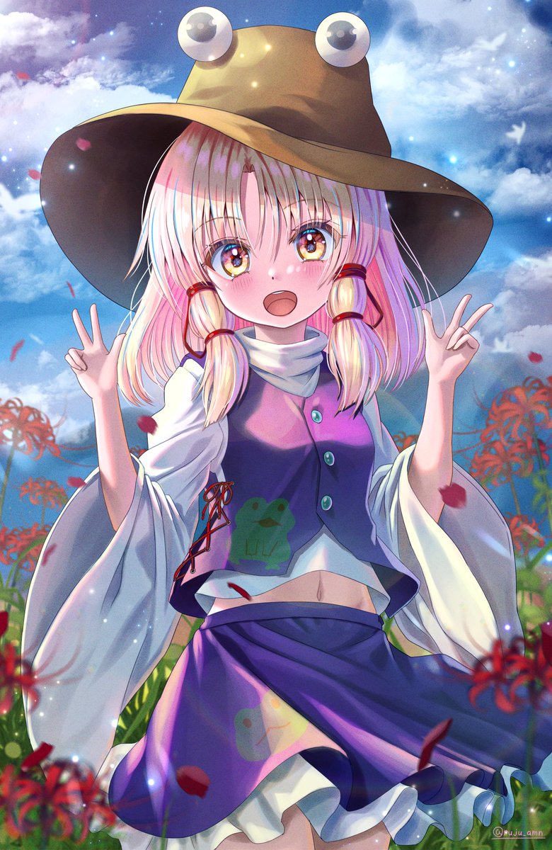 1girl :d animal_print blonde_hair blue_sky blurry blush brown_hat clouds commentary_request cowboy_shot day depth_of_field double_w eyelashes floating_clothes frog_print hair_between_eyes hair_ribbon hands_up happy highres lens_flare light_particles long_sleeves looking_at_viewer medium_hair miniskirt moriya_suwako open_mouth outdoors print_skirt print_vest purple_skirt purple_vest pyonta red_ribbon red_spider_lily ribbon rouge_(my_rouge) round_teeth shirt sidelighting sidelocks skirt sky smile solo straight_hair teeth touhou tress_ribbon turtleneck twitter_username upper_teeth_only vest w white_shirt wide_sleeves yellow_eyes