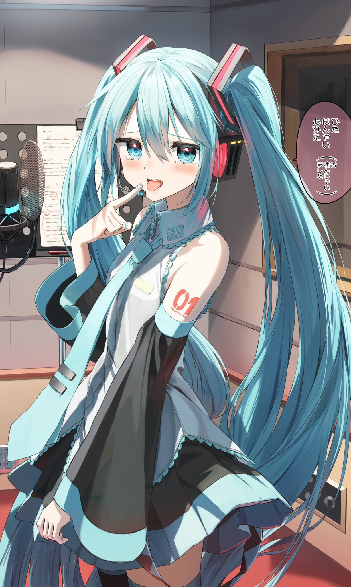 1girl black_skirt black_sleeves black_thighhighs blue_eyes blue_hair blue_nails blue_necktie blush collared_shirt commentary_request detached_sleeves finger_to_mouth glowing hair_between_eyes hatsune_miku headphones headset highres indoors long_sleeves looking_at_viewer microphone nail_polish necktie pentagon_(railgun_ky1206) pleated_skirt shirt skirt sleeveless sleeveless_shirt solo standing tears thigh-highs tie_clip tongue tongue_out translation_request twintails vocaloid white_shirt wide_sleeves