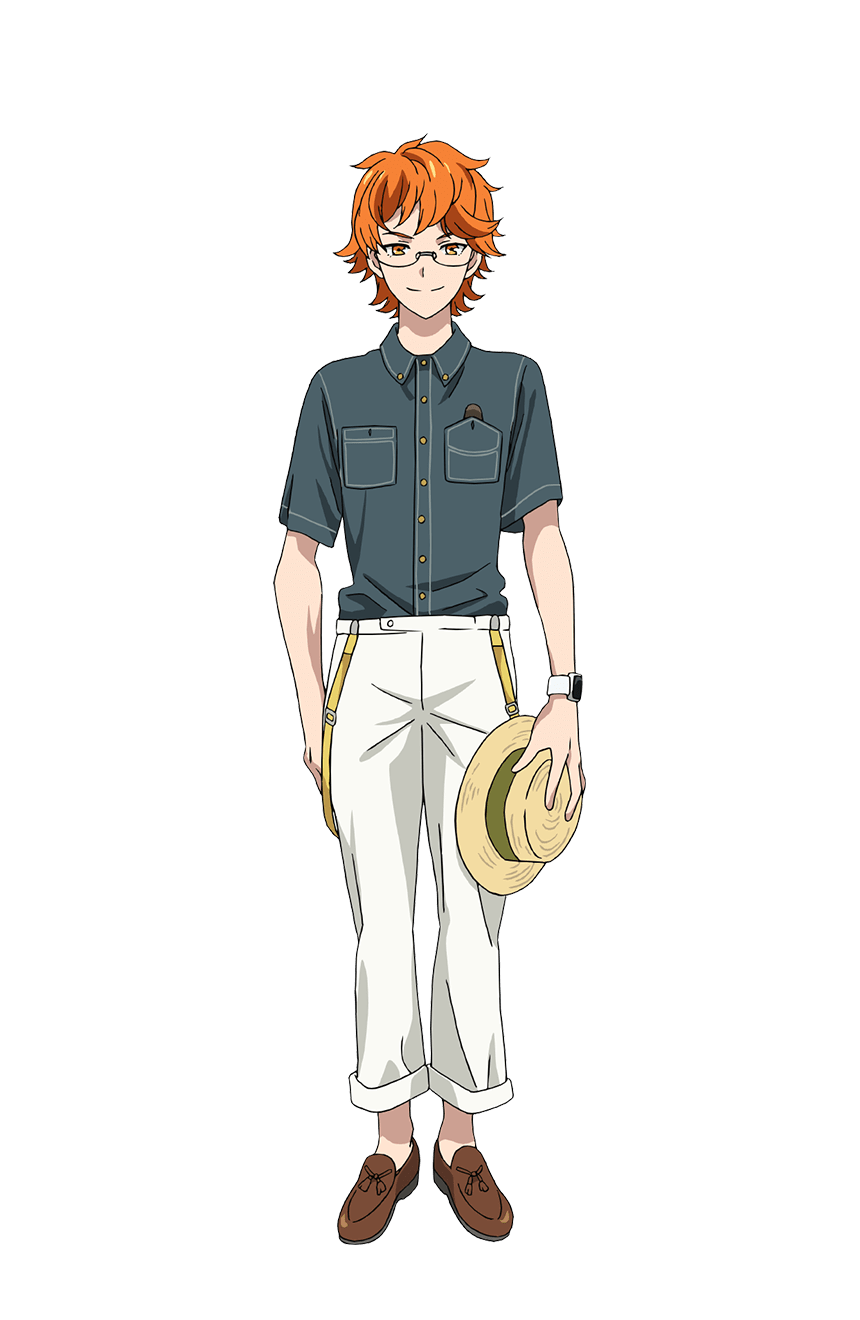 1boy brown_footwear collared_shirt full_body glasses grey_shirt hat highres holding holding_clothes holding_hat juuouin_kakeru king_of_prism king_of_prism:_shiny_seven_stars loafers looking_at_viewer male_focus official_art orange_eyes orange_hair pants pretty_rhythm pretty_series second-party_source shirt shoes short_hair simple_background smile solo standing straw_hat suspenders tachi-e transparent_background watch watch white_pants