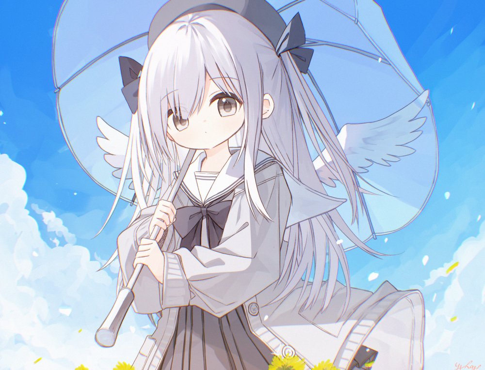 1girl beret black_bow black_hat black_ribbon black_skirt blue_sky bow cardigan ciela_(yuuhagi_(amaretto-no-natsu)) closed_mouth clouds commentary_request day eyes_visible_through_hair feathered_wings grey_cardigan grey_eyes grey_hair grey_shirt hair_over_one_eye hair_ribbon hat holding holding_umbrella long_sleeves looking_at_viewer open_cardigan open_clothes original outdoors petals pleated_skirt puffy_long_sleeves puffy_sleeves ribbon sailor_collar shirt signature skirt sky solo two_side_up umbrella white_sailor_collar white_umbrella white_wings wings yuuhagi_(amaretto-no-natsu)