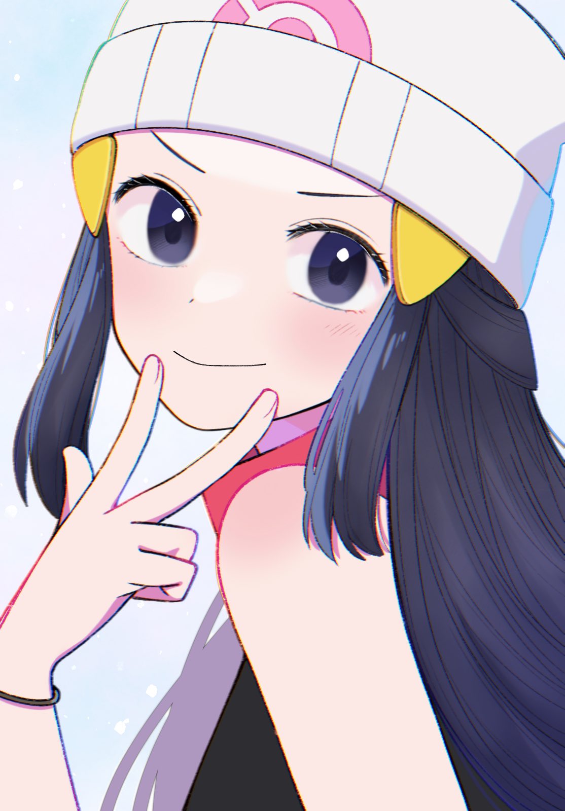 1girl beanie black_hair black_shirt blush bracelet closed_mouth commentary_request eyelashes from_side grey_eyes hair_ornament hairclip hand_up hat highres hikari_(pokemon) jewelry kana_(kanna_runa0620) long_hair looking_at_viewer looking_to_the_side pink_scarf pokemon pokemon_dppt scarf shirt sidelocks sleeveless sleeveless_shirt smile solo upper_body w white_hat