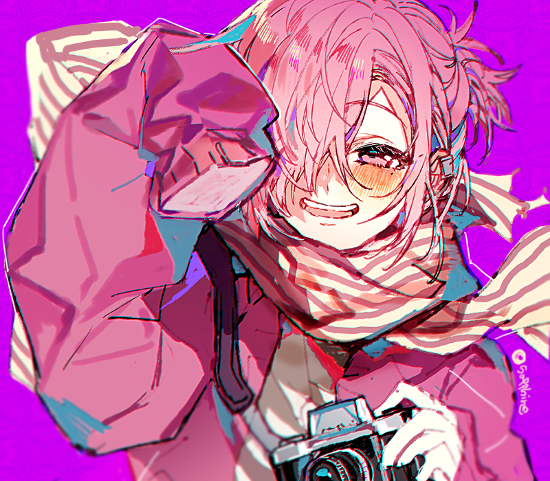 1boy blush camera hand_up holding holding_camera jibaku_shounen_hanako-kun long_sleeves looking_at_viewer mitsuba_sousuke open_mouth pink_eyes pink_hair purple_background sapphire_(nine) scarf simple_background smile solo striped_clothes striped_scarf white_scarf