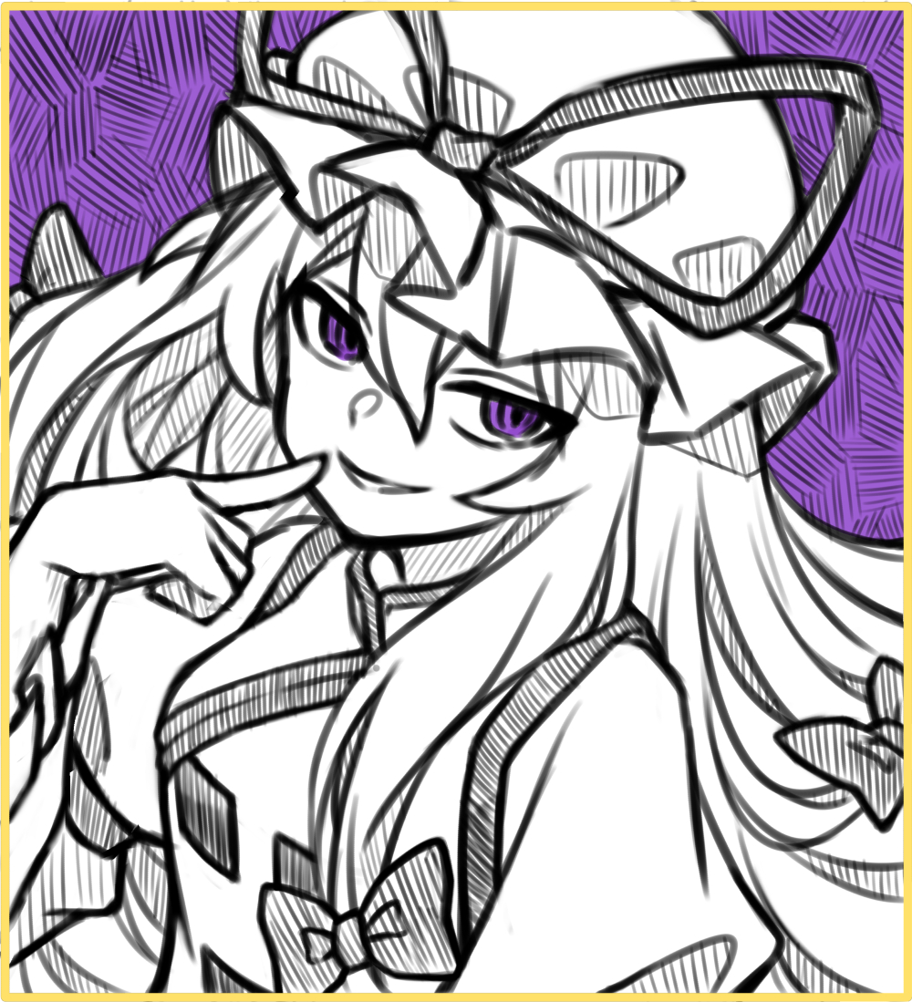 1girl breasts ch00suke hat hat_ribbon juliet_sleeves limited_palette long_sleeves looking_at_viewer mob_cap parted_lips pointing pointing_at_self puffy_sleeves purple_background ribbon seductive_smile simple_background small_breasts smile solo tabard touhou upper_body violet_eyes yakumo_yukari