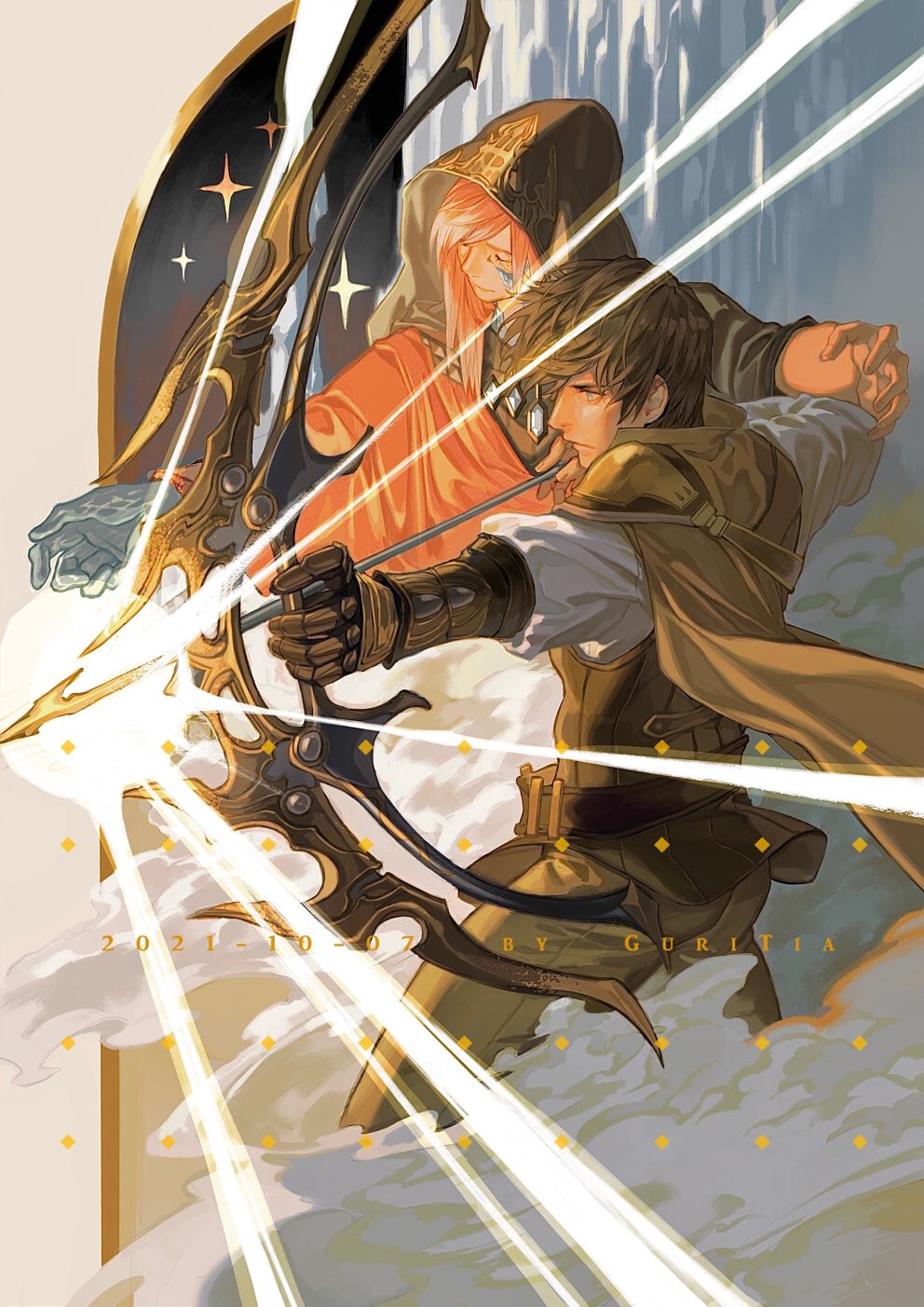 2boys adventurer_(ff14) armor artist_name belt black_robe blue_eyes bow_(weapon) brown_cape brown_hair brown_vest cape chinese_commentary closed_eyes commentary_request cowboy_shot crystal crystal_exarch crystallization dated drawing_bow energy_arrow final_fantasy final_fantasy_xiv from_above g'raha_tia gauntlets green_pants guritia highres holding holding_bow_(weapon) holding_weapon hood hood_up hooded_robe hyur light_rays looking_ahead male_focus material_growth medium_hair miqo'te multiple_boys outstretched_arm pants pauldrons redhead robe shoulder_armor single_pauldron sparkle vest warrior_of_light_(ff14) weapon