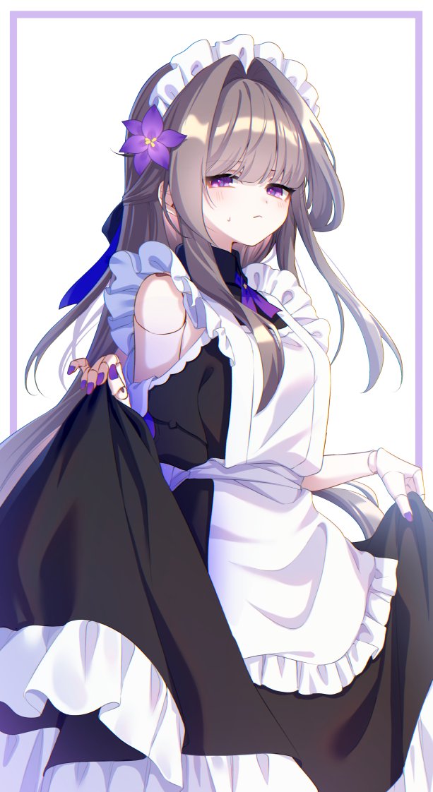 1girl alternate_costume apron bare_shoulders black_dress blush brown_hair chieezuik closed_mouth doll_joints dress enmaided fingernails flower frilled_dress frills hair_flower hair_intakes hair_ornament half_updo herta_(honkai:_star_rail) honkai:_star_rail honkai_(series) joints long_hair looking_at_viewer maid maid_apron maid_headdress nail_polish purple_flower purple_nails simple_background skirt_hold solo sweat violet_eyes white_apron white_background white_headdress