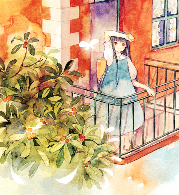 1girl arm_up balcony black_hair blue_dress blunt_bangs brown_eyes bug butterfly chinese_commentary commentary_request dress full_body hand_on_railing kaka123 long_hair original painting_(medium) pinafore_dress plant puffy_sleeves railing sandals shirt short_sleeves sleeveless sleeveless_dress slippers solo standing traditional_media watercolor_(medium) white_butterfly white_shirt window