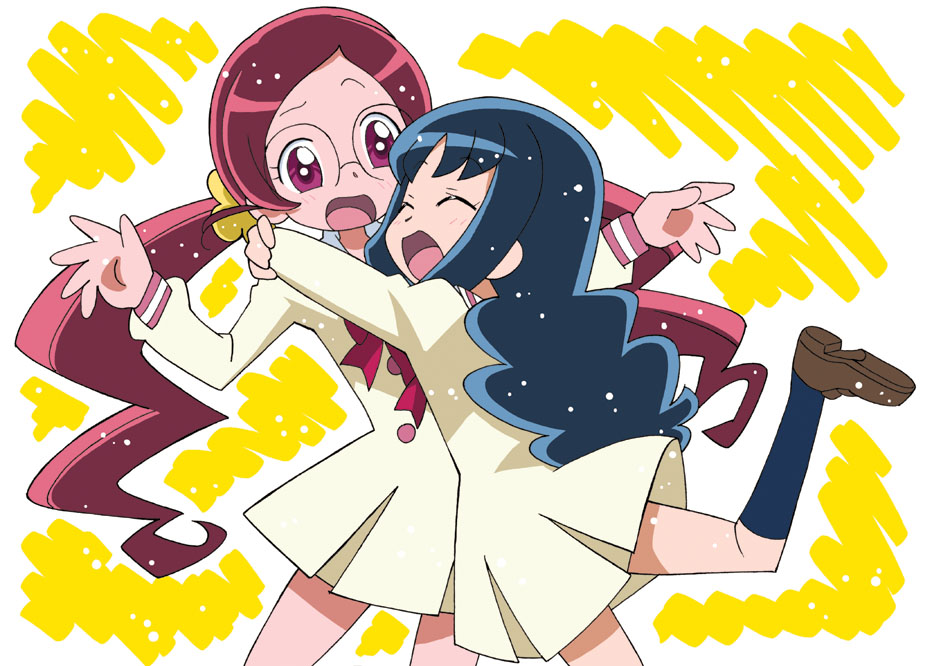 2girls ^_^ arms_around_neck blue_hair blue_socks blunt_bangs blush_stickers border bow bowtie brown_footwear buttons closed_eyes commentary_request cowboy_shot dress eyelashes flower glasses hair_flower hair_ornament hanasaki_tsubomi hand_on_another's_shoulder heartcatch_precure! hug kneehighs kurumi_erika leg_up long_hair long_sleeves looking_at_another low_twintails multiple_girls myoudou_gakuen_middle_school_uniform open_mouth outline outside_border outstretched_arms own_hands_together pink_bow pink_bowtie pink_eyes pink_hair pleated_skirt precure raised_eyebrow round_eyewear school_uniform shirakawa_mayumi shoes short_dress simple_background skirt smile snowing socks twintails uwabaki very_long_hair wavy_eyebrows wavy_hair white_border white_outline yellow_background yellow_dress yellow_flower yellow_sleeves