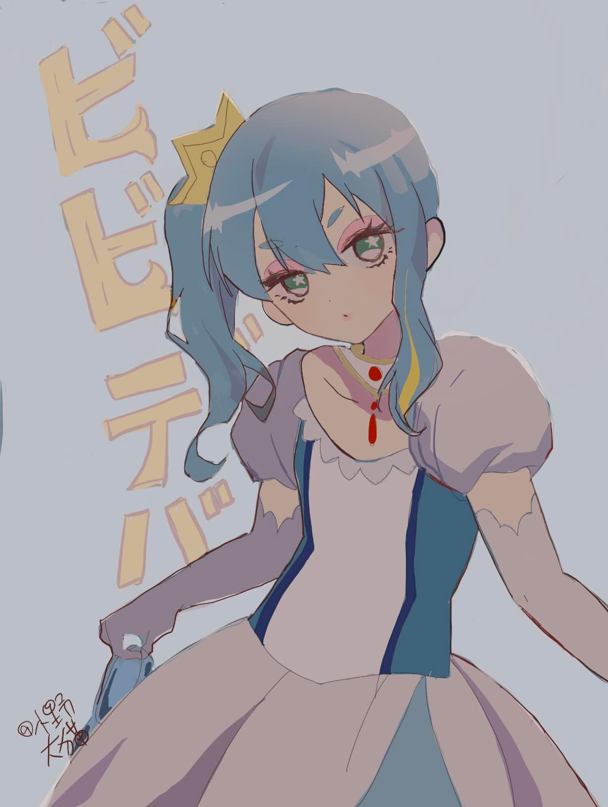 1girl blue_footwear blue_hair blue_shirt closed_mouth collarbone commentary_request crown elbow_gloves gloves green_eyes grey_background hair_between_eyes highres holding holding_shoes hololive hoshimachi_suisei long_hair looking_at_viewer lunacats mini_crown puffy_short_sleeves puffy_sleeves shirt shoes short_eyebrows short_sleeves side_ponytail simple_background skirt solo star_(symbol) star_in_eye symbol_in_eye thick_eyebrows tilted_headwear translation_request unworn_shoes white_gloves white_skirt