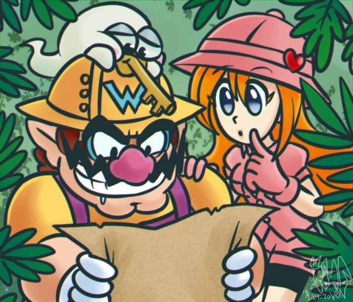 1boy 1girl big_nose bike_shorts blue_eyes brown_hair burntbeebs cleft_chin drooling facial_hair foliage ghost gloves grin hair_between_eyes hand_on_another's_shoulder heart helmet holding holding_map keyzer long_hair map mona_(warioware) mustache orange_hair overalls pink_gloves pink_shorts pith_helmet pointy_ears purple_overalls shirt shorts signature smile thick_eyebrows wario wario_land warioware white_gloves yellow_shirt