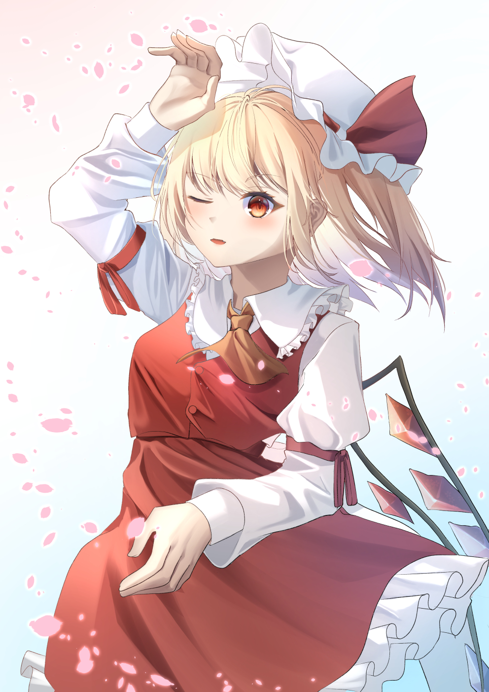 1girl ascot blonde_hair cherry_blossoms cowboy_shot crystal_wings dress flandre_scarlet hand_up hat hat_ribbon highres kisaragimikuru medium_hair mob_cap one_eye_closed open_mouth puffy_short_sleeves puffy_sleeves red_ascot red_dress red_eyes red_ribbon ribbon short_sleeves side_ponytail simple_background solo touhou white_background