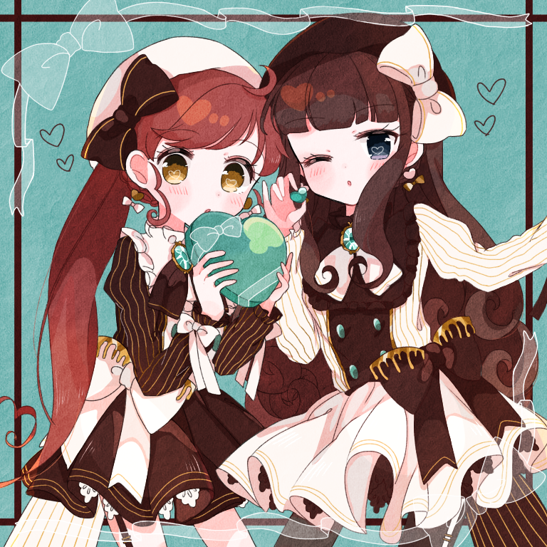 2girls :o beret blue_background blue_eyes blush bow box brown_dress brown_hair brown_hat cowboy_shot dress earrings gift gift_box hair_bow hands_up hat heart heart-shaped_box heart_earrings holding holding_gift jewelry juliet_sleeves kira_(kiratwins) kurosu_aroma long_hair long_sleeves looking_at_viewer multiple_girls one_eye_closed open_mouth pretty_series pripara puffy_sleeves redhead shiratama_mikan standing third-party_source valentine very_long_hair white_dress white_hat