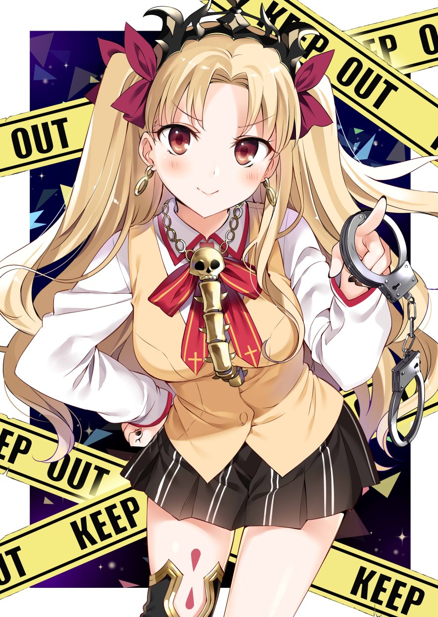 1girl alternate_costume black_skirt blonde_hair blush border breasts brown_eyes caution_tape closed_mouth contrapposto cowboy_shot cuffs curtained_hair earrings ereshkigal_(fate) fate/grand_order fate_(series) hair_ribbon hanabana_tsubomi handcuffs highres holding holding_handcuffs homurahara_academy_school_uniform jewelry keep_out long_hair long_sleeves looking_at_viewer medium_breasts necklace purple_ribbon ribbon school_uniform single_thighhigh skirt smile solo thigh-highs tiara two_side_up white_border