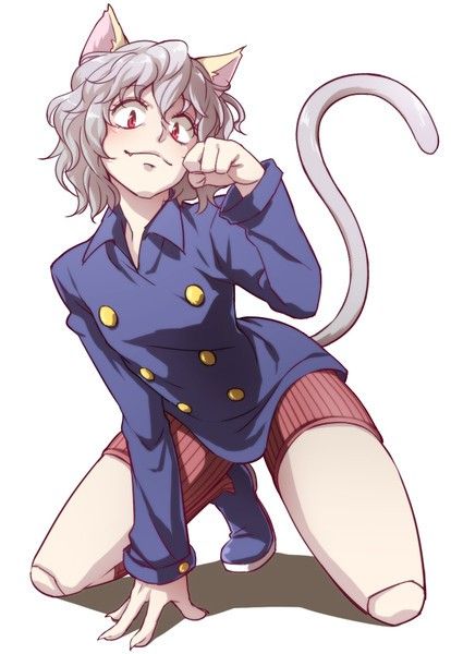 animal_ears buttons cat cat_girl cat_pose cat_tail claws hunter_x_hunter looking_down neferpitou non-web_source red_eyes shirt short_hair shorts socks solo tagme tagme_(artist) white_hair