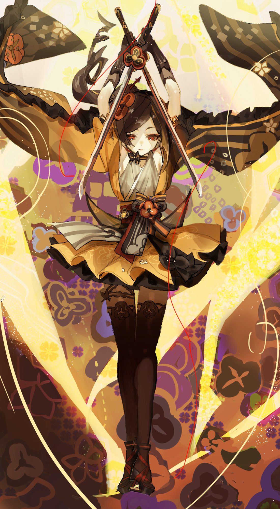 1girl arms_up black_bow black_choker black_footwear black_gloves black_thighhighs bow bow_choker brown_background brown_hair brown_pantyhose chiori_(genshin_impact) choker closed_mouth commentary_request crossed_swords dress drill_hair drill_ponytail dual_wielding floating_hair flower_(symbol) frown genshin_impact gloves grey_kimono hair_ornament hair_stick heel-less_heels high_heels highres holding holding_sword holding_weapon japanese_clothes kanzashi kimono long_hair looking_down multicolored_hair obi obiage pantyhose parted_bangs pleated_dress ponytail red_eyes red_sash rope sash serious shoes short_dress short_sleeves side_ponytail sidelocks simple_background sleeveless sleeveless_kimono solo standing streaked_hair swept_bangs sword talesofmea thigh-highs thighhighs_over_pantyhose vision_(genshin_impact) weapon yellow_background yellow_dress