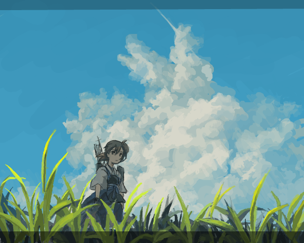 1girl bad_drawr_id bad_id black_eyes black_hair blue_sky closed_mouth clouds contrail cumulonimbus_cloud day flight_deck grass hakama hakama_skirt japanese_clothes kaga_(kancolle) kantai_collection letterboxed looking_at_viewer megamegaglass muneate outdoors side_ponytail skirt sky solo standing