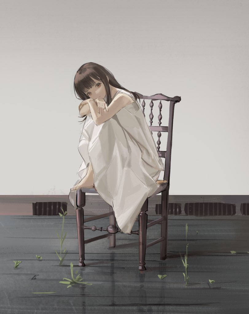 1girl bare_arms barefoot blunt_bangs brown_eyes brown_hair chair dress expressionless full_body head_rest long_hair looking_at_viewer ns404 original reflective_floor sidelocks sitting solo sprout weeds white_dress