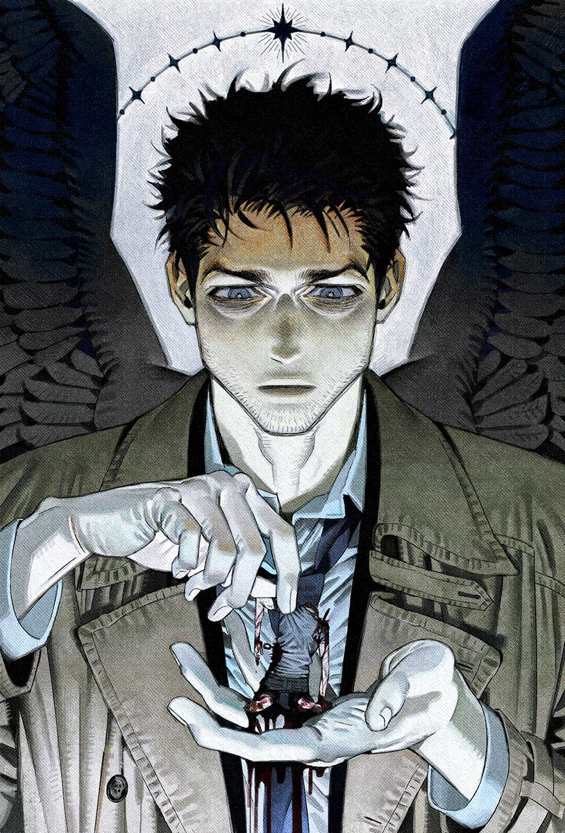 2boys angel_wings black_hair black_necktie black_wings blood blue_eyes castiel coat collared_shirt dean_winchester facial_hair feathered_wings highres in_palm japtangtang2 male_focus multiple_boys necktie shirt short_hair stubble supernatural_(tv_series) trench_coat upper_body white_shirt wings