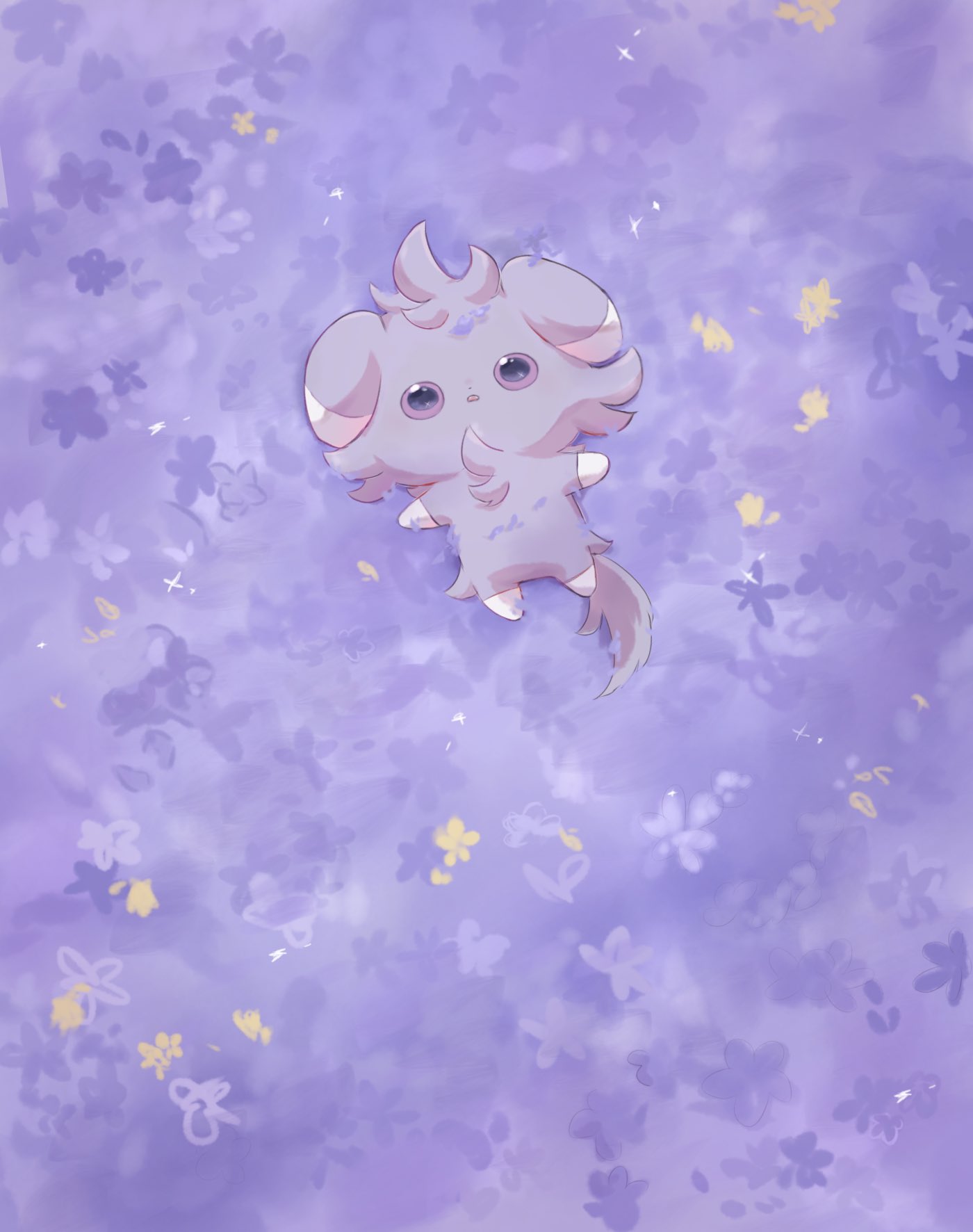 animal_focus espurr flower grey_fur highres looking_up lying no_humans on_back open_mouth pokemon pokemon_(creature) purple_flower staring suimin_ap tail violet_eyes