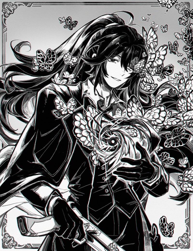 1boy bug butterfly coat coat_on_shoulders e.g.o_(project_moon) flaw_eight floating_hair funeral_of_the_dead_butterflies gloves greyscale gun half_updo heterochromia holding holding_weapon hong_lu_(project_moon) limbus_company long_hair long_sleeves looking_at_viewer monochrome pants parted_lips project_moon solo very_long_hair vest weapon yellow_eyes