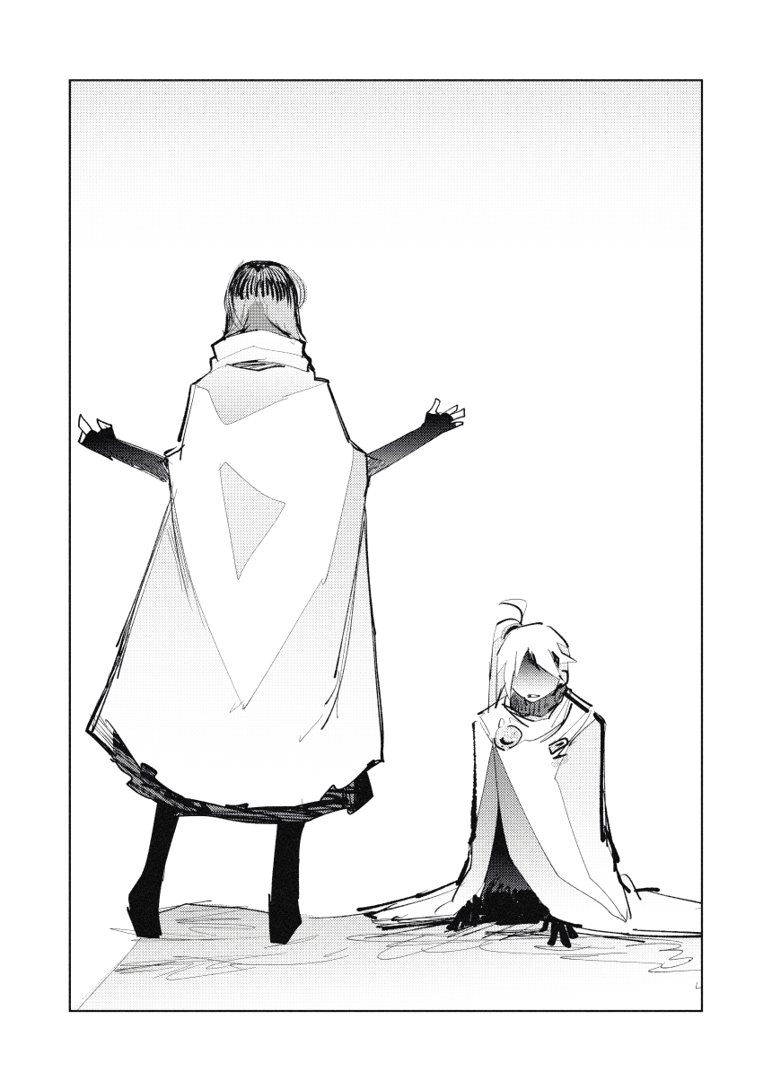 1boy 1girl ahoge border brooch cape dress fingerless_gloves full_body gloves greyscale hands_up highres jewelry library_of_ruina long_hair madotsuki_ren moirai_(project_moon) monochrome project_moon short_hair side_ponytail simple_background very_long_hair yan_vismok