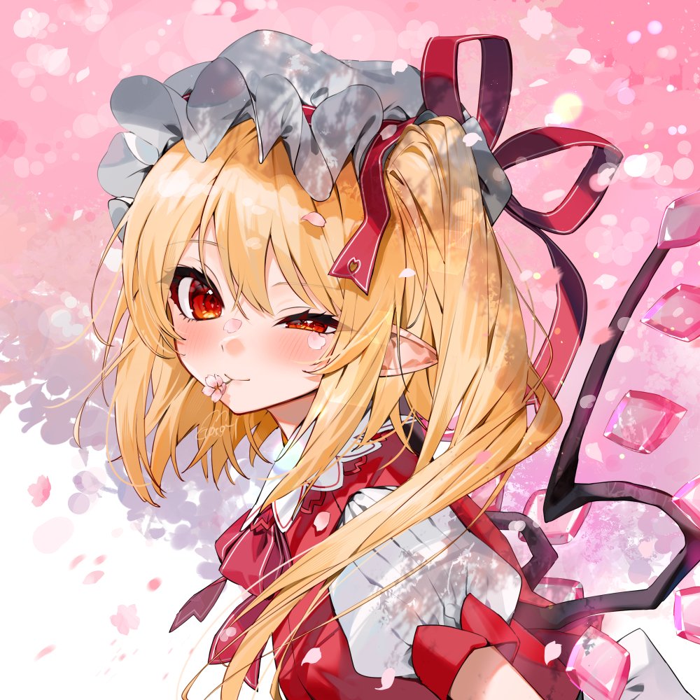 1girl blonde_hair bow bowtie cherry_blossoms crystal_wings flandre_scarlet from_side gotoh510 hair_between_eyes hat hat_ribbon light_blush long_hair looking_at_viewer mob_cap mouth_hold one_side_up pointy_ears puffy_short_sleeves puffy_sleeves red_bow red_bowtie red_eyes red_ribbon red_vest ribbon shirt short_sleeves signature smile solo touhou uneven_eyes upper_body vest white_hat white_shirt