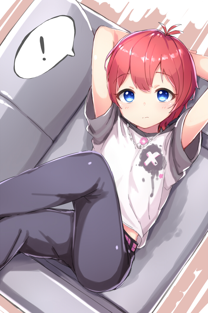 ! 1girl antenna_hair arms_behind_head arms_up black_pants blush breasts closed_mouth couch crossed_legs dot_nose double-parted_bangs idolmaster idolmaster_million_live! idolmaster_million_live!_theater_days jewelry julia_(idolmaster) kuresuku_(lessons) looking_at_viewer lying necklace on_back on_couch pants redhead short_hair short_sleeves small_breasts solo speech_bubble wavy_mouth