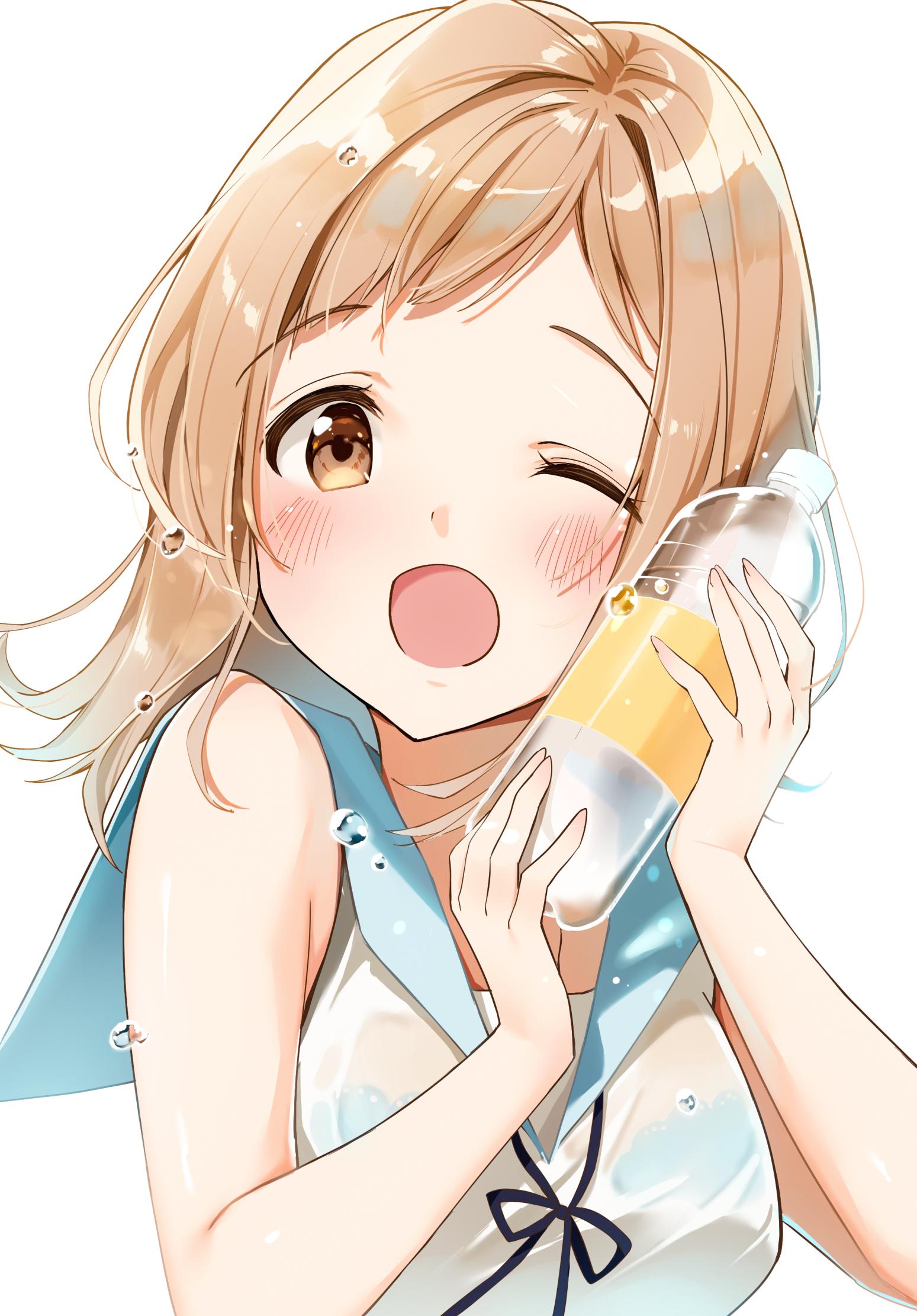 1girl bare_shoulders black_bow black_bowtie blue_bra blue_sailor_collar blurry blush bottle bow bowtie bra bra_visible_through_clothes breasts brown_eyes depth_of_field dot_nose hands_up highres holding holding_bottle idolmaster idolmaster_shiny_colors idolmaster_shiny_colors_song_for_prism kinako_(shiratama_mochi) large_breasts light_brown_hair looking_at_viewer medium_hair one_eye_closed open_mouth sailor_collar sakuragi_mano shirt simple_background sleeveless sleeveless_shirt smile solo underwear upper_body water_drop wet wet_clothes wet_shirt white_background white_shirt