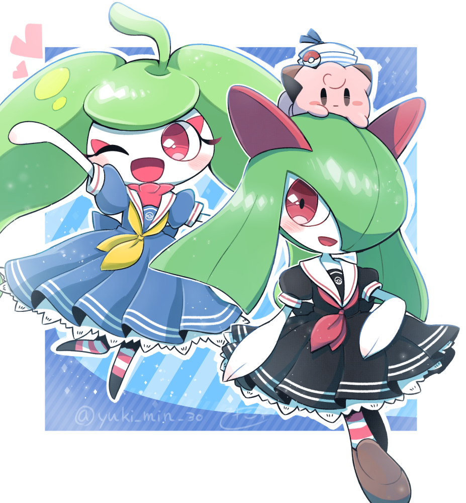 arm_up artist_name black_dress blue_dress blush brown_footwear clefairy clothed_pokemon dress green_hair hair_over_one_eye hat heart horns kirlia looking_at_viewer neckerchief one_eye_closed open_mouth pink_eyes poke_ball_symbol pokemon pokemon_(creature) red_neckerchief sailor_dress sidelocks smile socks steenee striped_clothes striped_socks yellow_neckerchief yuki_min_30
