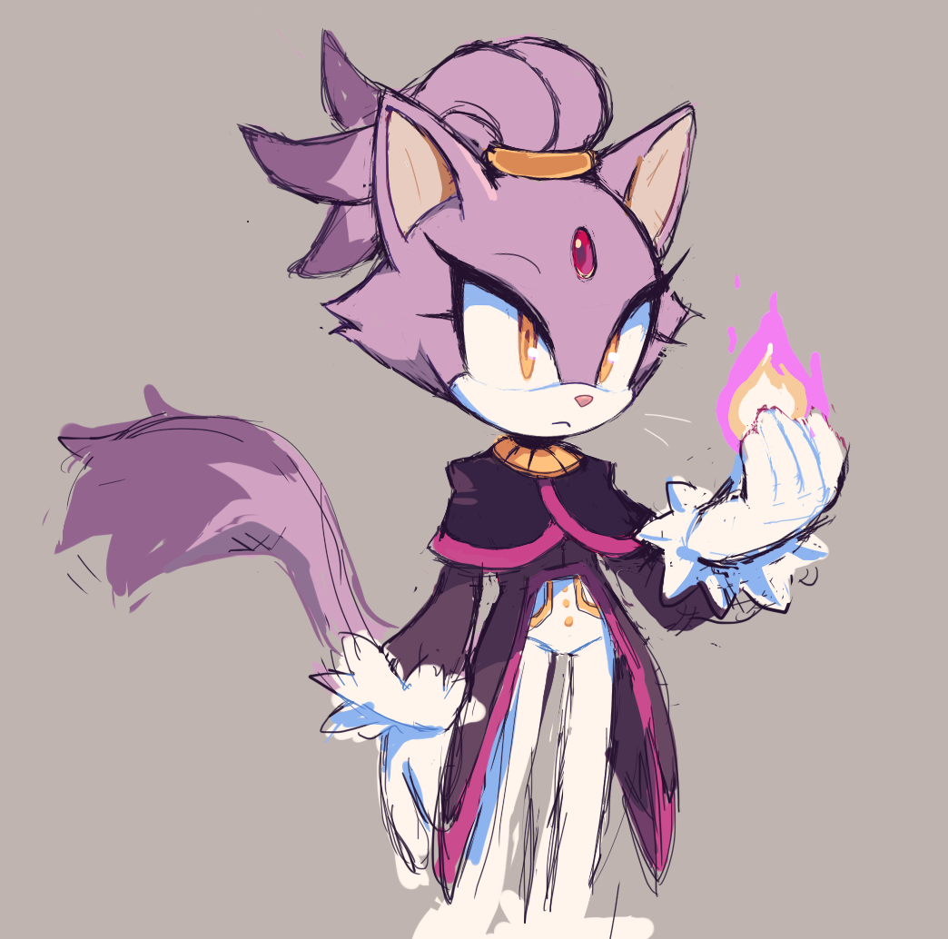 1girl animal_ears blaze_the_cat cat_ears cat_girl cat_tail fire forehead_jewel fur-trimmed_gloves fur_trim furry furry_female gloves grey_background jacket motobug pants purple_fur purple_jacket simple_background sketch sonic_(series) tail white_gloves white_pants yellow_eyes