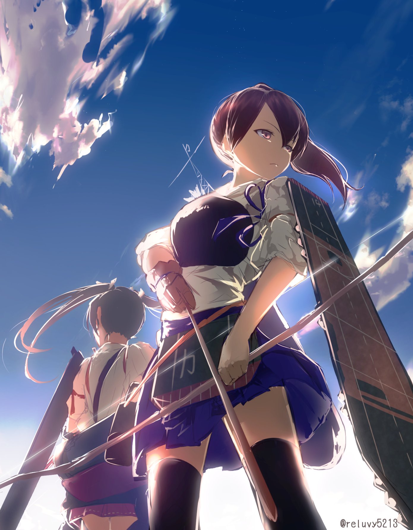 2girls apron arrow_(projectile) black_thighhighs blue_hakama blue_sky bow_(weapon) brown_eyes brown_gloves brown_hair clouds commentary_request day feet_out_of_frame flight_deck from_below gloves hakama hakama_short_skirt hakama_skirt highres holding holding_bow_(weapon) holding_weapon japanese_clothes kaga_(kancolle) kantai_collection long_hair multiple_girls muneate outdoors partially_fingerless_gloves red_skirt reluvy side_ponytail single_glove skirt sky solo_focus tasuki thigh-highs twintails twitter_username weapon yugake zuikaku_(kancolle)