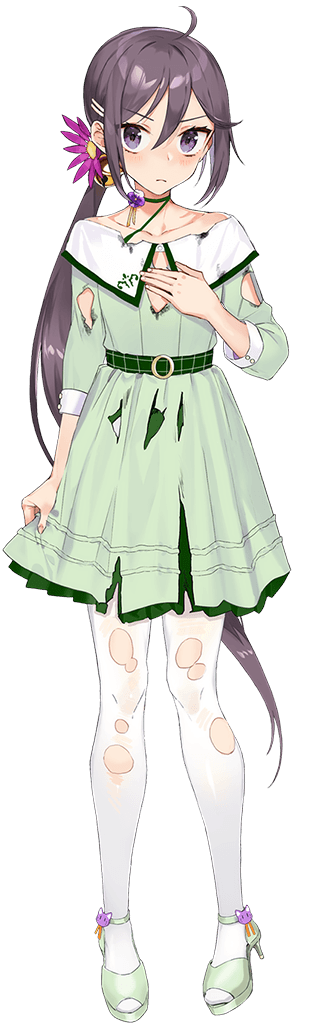 1girl akebono_(11th_anniversary)_(kancolle) akebono_(kancolle) bell blush burnt_clothes collarbone dress drew_(drew213g) flower full_body green_dress hair_bell hair_between_eyes hair_flower hair_ornament hand_on_own_chest jingle_bell kantai_collection long_hair official_alternate_costume official_art pantyhose purple_flower purple_hair side_ponytail solo tachi-e transparent_background violet_eyes white_pantyhose