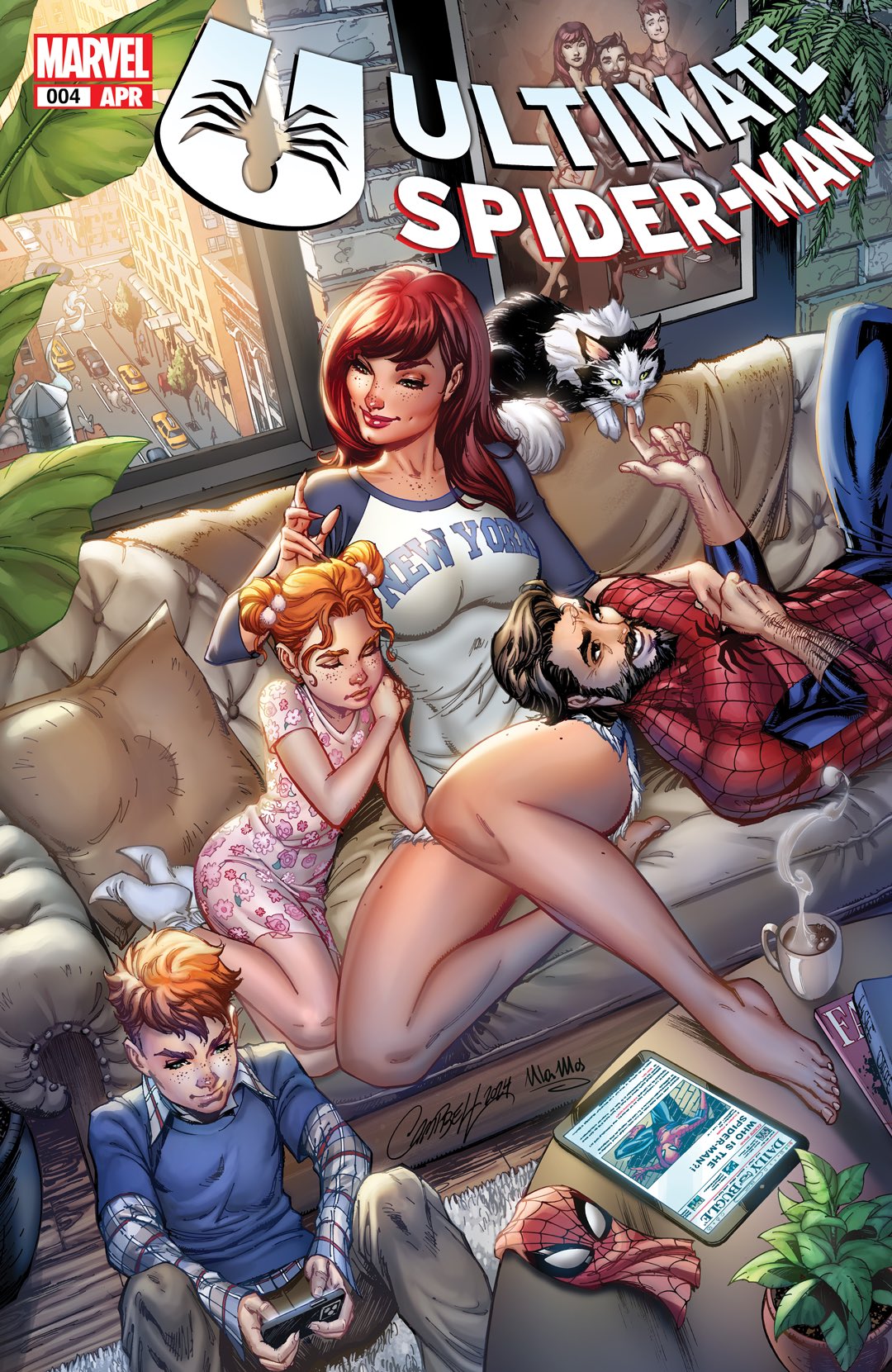 2boys 2girls animal_print beard blue_bodysuit bodysuit cat cover facial_hair father_and_daughter father_and_son highres j._scott_campbell marvel mary_jane_watson mother_and_daughter mother_and_son multiple_boys multiple_girls official_art peter_parker red_bodysuit redhead smile spider-man spider-man_(series) spider_print spider_web_print superhero_costume two-tone_bodysuit