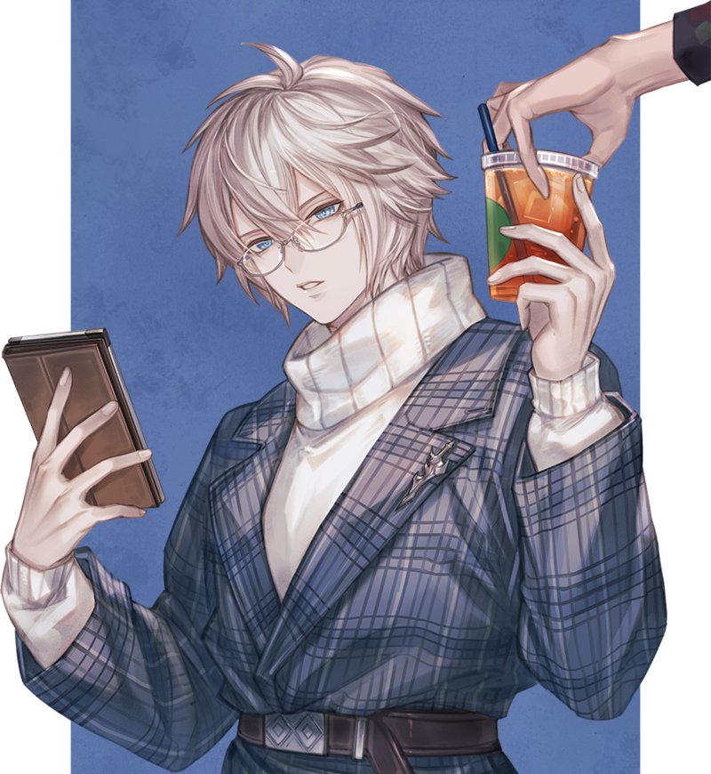 1boy arm_up belial_(granblue_fantasy) belt bishounen blue_background blue_eyes book cup drinking_straw expressionless glasses granblue_fantasy hair_between_eyes holding holding_book holding_cup ice ice_cube jacket long_sleeves lucilius_(granblue_fantasy) messy_hair minaba_hideo official_art pale_skin parted_lips plaid plaid_jacket promotional_art round_eyewear short_hair sweater tea transparent_background turtleneck turtleneck_sweater