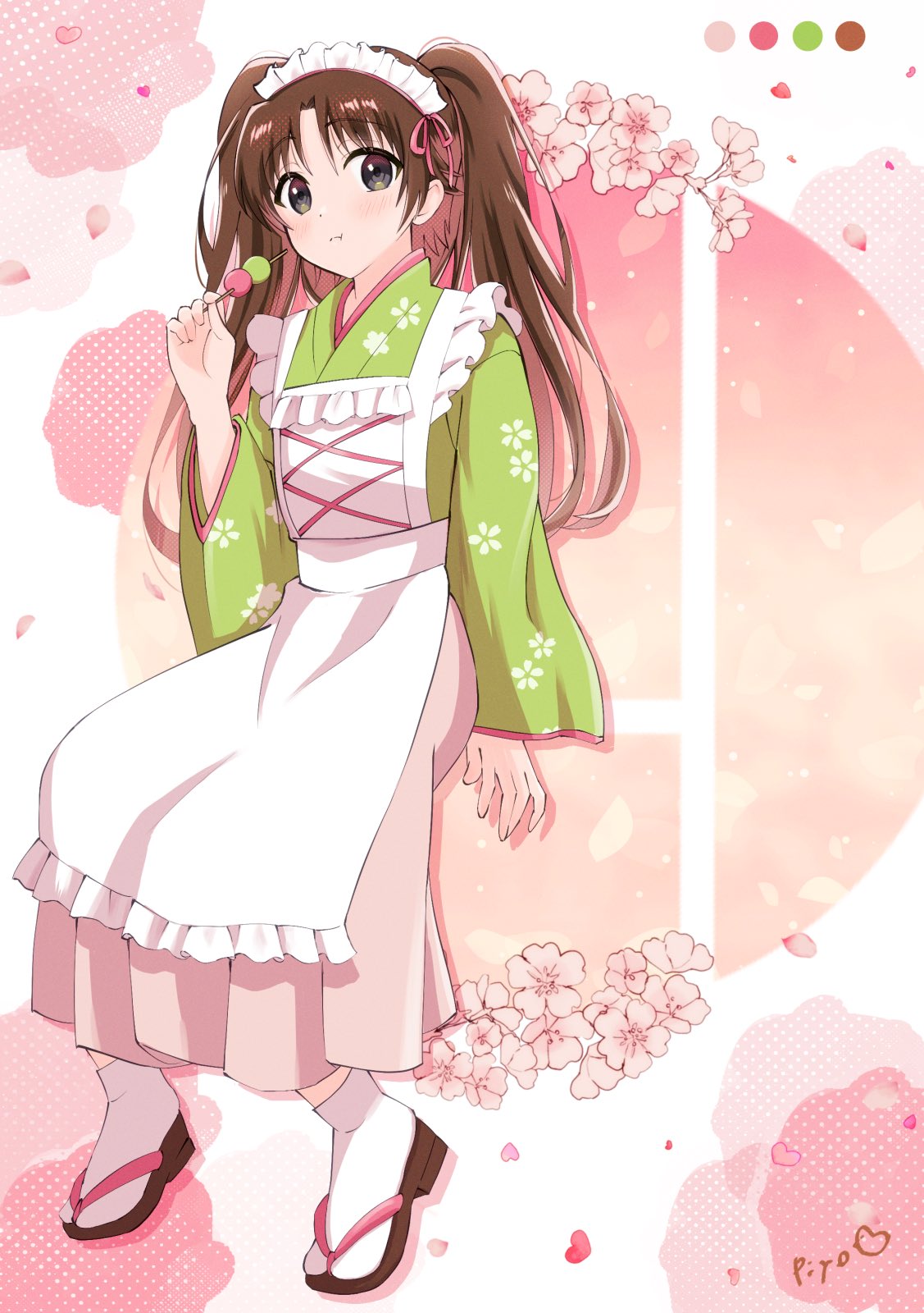 1boy :i alternate_costume alternate_hair_length alternate_hairstyle apron arm_at_side bad_feet blush brown_hair cherry_blossom_print cherry_blossoms closed_mouth commentary_request dango enmaided falling_petals floral_print food full_body green_kimono grey_eyes hair_ribbon hand_up highres holding holding_food invisible_chair japanese_clothes kimono little_busters! long_hair long_sleeves looking_at_viewer maid maid_apron maid_headdress naoe_riki otoko_no_ko petals pink_background pink_ribbon piyo_(kinkooo333) print_kimono ribbon sandals sanshoku_dango signature sitting solo tabi tareme twintails two-tone_background wa_maid wagashi white_apron white_background wide_sleeves zouri