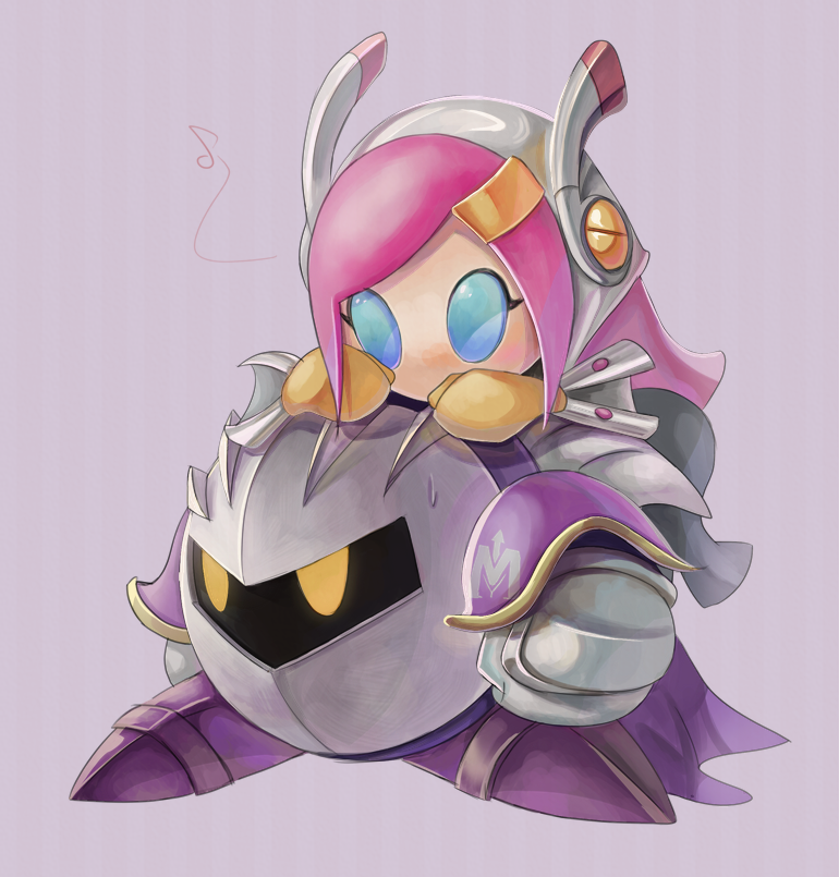 1boy 1girl armor blue_eyes cape gloves hands_on_another's_head kirby:_planet_robobot kirby_(series) mask meta_knight momoko_(nihontou) musical_note pauldrons pink_hair purple_background shoulder_armor simple_background susie_(kirby) sweat yellow_eyes yellow_gloves