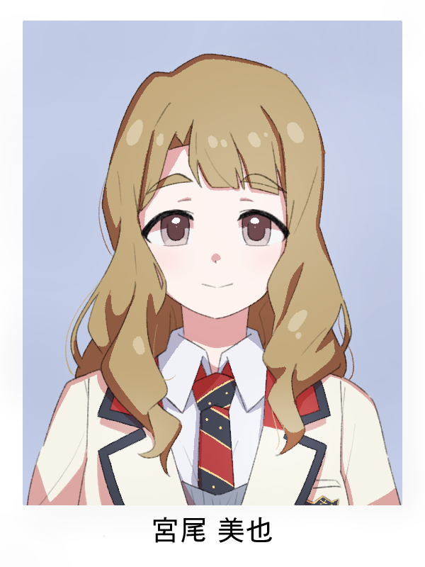 1girl blazer brown_eyes brown_hair character_name closed_mouth collar collared_shirt dot_nose forehead hair_over_shoulder id_photo idolmaster idolmaster_million_live! idolmaster_million_live!_theater_days jacket light_smile long_hair looking_at_viewer miyao_miya necktie official_alternate_costume ohgi910 parted_bangs portrait red_necktie school_uniform shirt simple_background solo straight-on thick_eyebrows upper_body wavy_hair white_collar