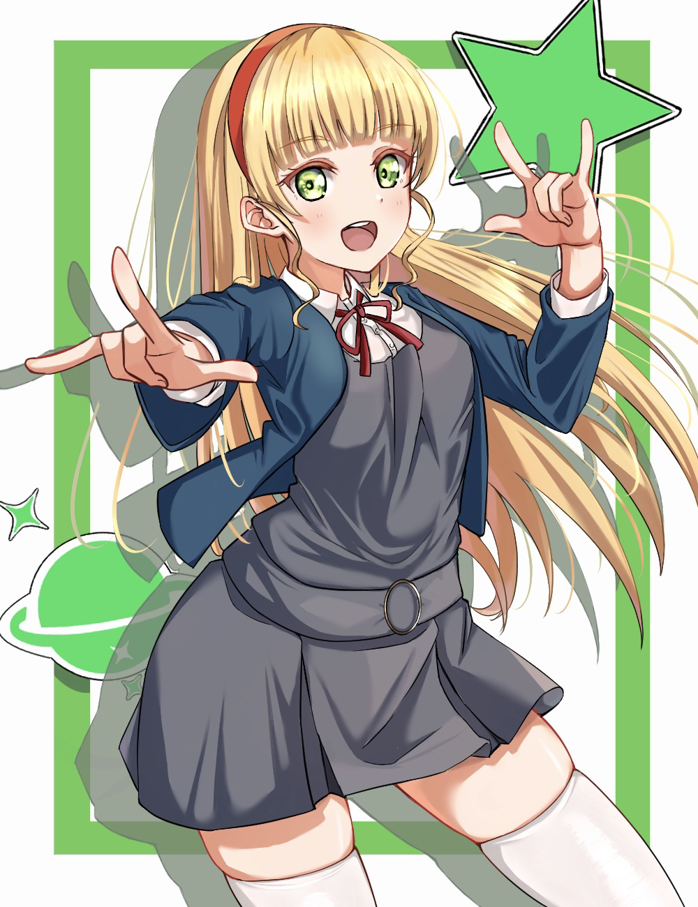 1girl :d \m/ blonde_hair blue_jacket blunt_bangs collared_shirt colored_eyelashes commentary cropped_jacket dot_nose dress dress_shirt floating_clothes floating_hair green_background green_eyes grey_dress hairband hand_up heanna_sumire highres hirorinwelcome jacket light_blush long_hair looking_at_viewer love_live! love_live!_superstar!! neck_ribbon open_clothes open_jacket outside_border outstretched_arm pinafore_dress planet raised_eyebrows red_hairband red_ribbon ribbon shadow shirt sidelocks simple_background sleeveless sleeveless_dress smile standing standing_on_one_leg star_(symbol) teeth thigh-highs two-tone_background upper_teeth_only white_background white_shirt white_thighhighs