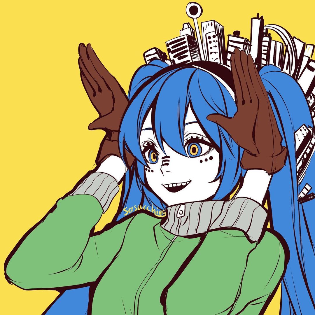 1girl artist_name blue_eyes blue_hair brown_gloves colored_skin facial_mark gloves green_jacket hair_between_eyes hands_up hatsune_miku jacket long_hair long_sleeves looking_ahead matryoshka_(vocaloid) multicolored_eyes open_mouth sasucchi95 smile solo teeth turtleneck turtleneck_jacket twintails upper_body upper_teeth_only vocaloid white_skin yellow_background yellow_eyes zipper zipper_pull_tab