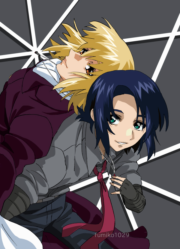 1boy 1girl artist_name ascot athrun_zala back-to-back blonde_hair blue_hair cagalli_yula_athha couple fumiko_(mesushi) green_eyes grey_shirt gundam gundam_seed gundam_seed_freedom jewelry looking_at_another looking_to_the_side necklace pant_suit pants red_tie ring shirt short_hair smile suit white_ascot yellow_eyes