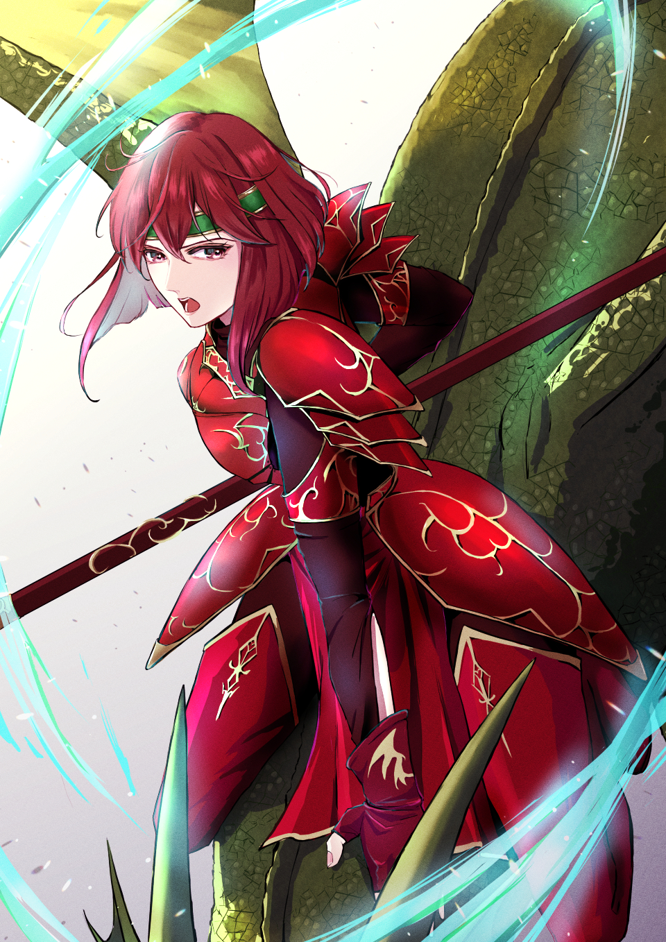 1girl armor breastplate dragon fingerless_gloves fire_emblem fire_emblem:_mystery_of_the_emblem gloves green_headband hair_between_eyes headband highres holding holding_weapon long_sleeves looking_at_viewer minerva_(fire_emblem) open_mouth red_armor red_eyes red_gloves redhead short_hair shoulder_armor teeth upper_teeth_only weapon wyvern yori_ilrosso