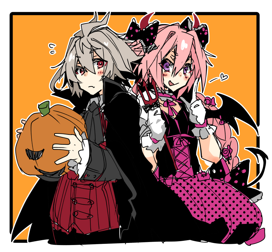 2boys :q ahoge ascot astolfo_(fate) black_bow black_cape black_shirt blush bow cape corset cowboy_shot cross-laced_clothes cross-laced_corset crossdressing demon_costume demon_horns demon_wings dress fang fate/apocrypha fate_(series) flower flying_sweatdrops food frilled_bow frilled_gloves frilled_sleeves frills gloves grey_ascot grey_hair hair_between_eyes hair_bow hair_flower hair_intakes hair_ornament halloween halloween_costume haoro heart holding holding_food holding_pitchfork holding_pumpkin holding_vegetable horns index_finger_raised jack-o'-lantern long_braid long_hair looking_to_the_side multiple_boys neck_ribbon orange_background otoko_no_ko pink_hair pitchfork polka_dot polka_dot_bow polka_dot_dress pumpkin purple_dress purple_flower purple_ribbon red_eyes red_horns red_vest ribbon shirt short_hair sieg_(fate) signature skin_fang tongue tongue_out vampire_costume vegetable vest violet_eyes white_gloves wings