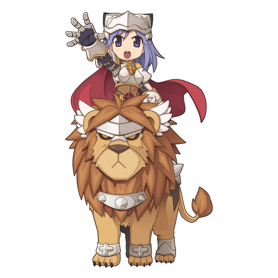 1girl armor black_gloves boobplate breastplate cape chibi cross full_body gauntlets gloves grey_hair lion looking_at_viewer lord_knight_(ragnarok_online) medium_hair official_art open_mouth pauldrons ragnarok_online reaching reaching_towards_viewer red_cape riding shoulder_armor simple_background solo spiked_gauntlets teeth transparent_background upper_teeth_only v-shaped_eyebrows violet_eyes yuichirou