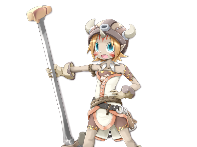 1girl :d armband bare_shoulders belt black_belt blonde_hair blue_eyes bmp-to-png_conversion brown_armband brown_bag brown_headwear brown_shorts facial_mark fake_horns fangs feet_out_of_frame female_goblin frfr game_cg gloves gob_(mon-musu_quest!) goblin hammer hand_on_own_hip helmet holding holding_hammer horned_helmet horns jewelry light_blush looking_at_viewer mon-musu_quest! necklace non-web_source open_mouth pale_skin pointy_ears short_hair shorts simple_background single_horn smile solo standing tooth_necklace transparent_background war_hammer weapon white_gloves white_tunic